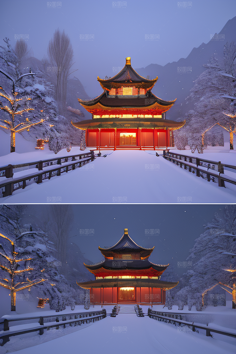 夜晚金色中国宫殿雪域梦幻