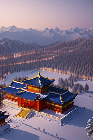 夜晚金色中国宫殿雪域梦幻