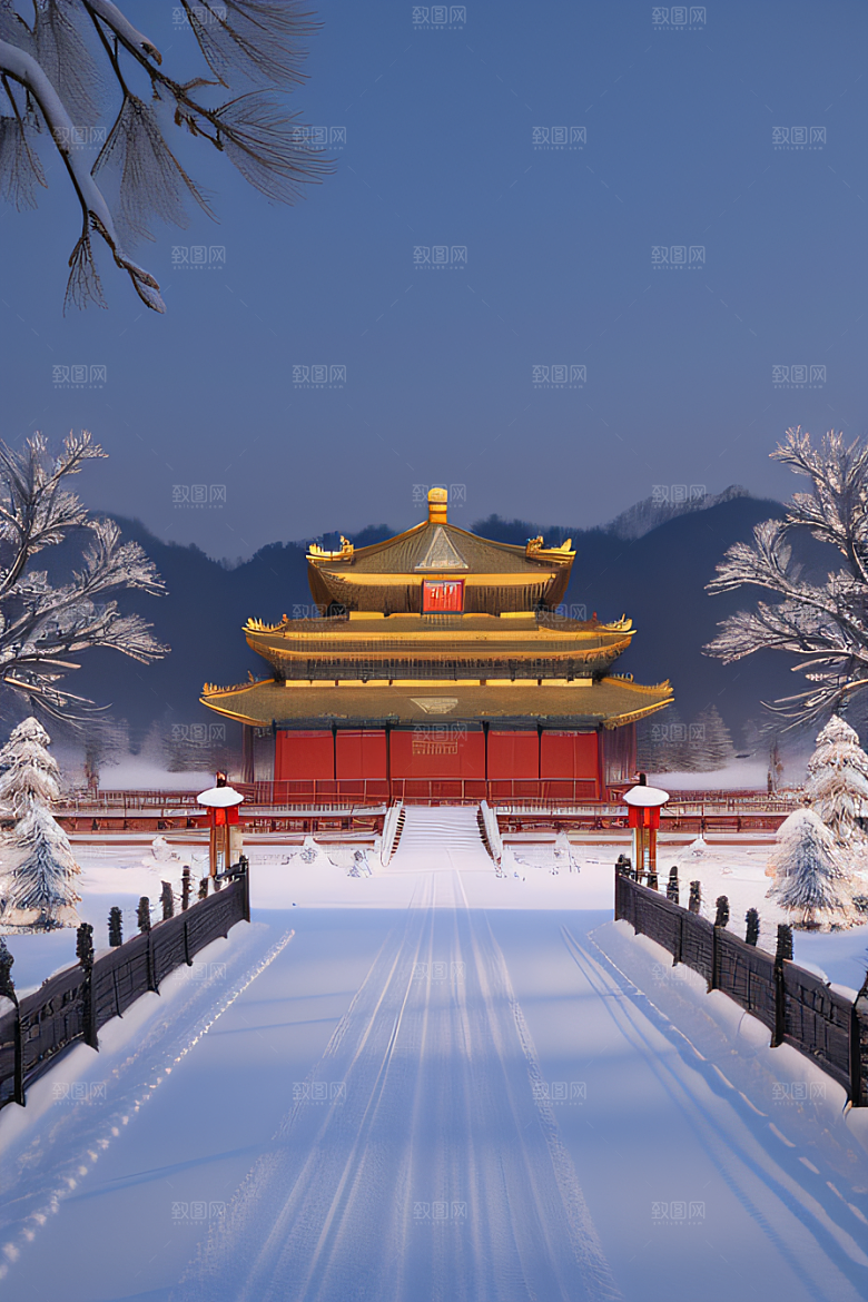 夜晚金色中国宫殿雪域梦幻