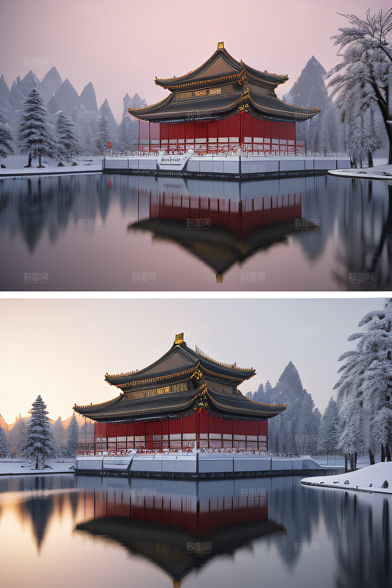 夜晚金色中国宫殿雪域梦幻