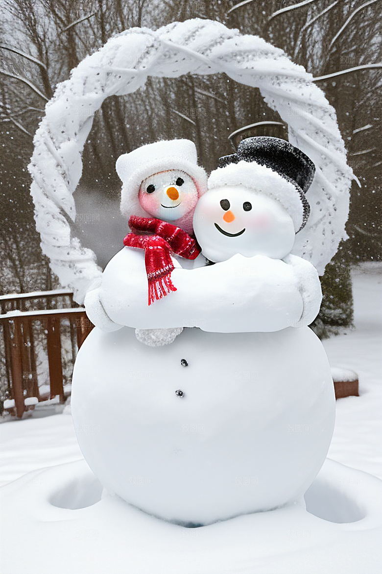 冬季户外运动堆雪人与滑雪橇