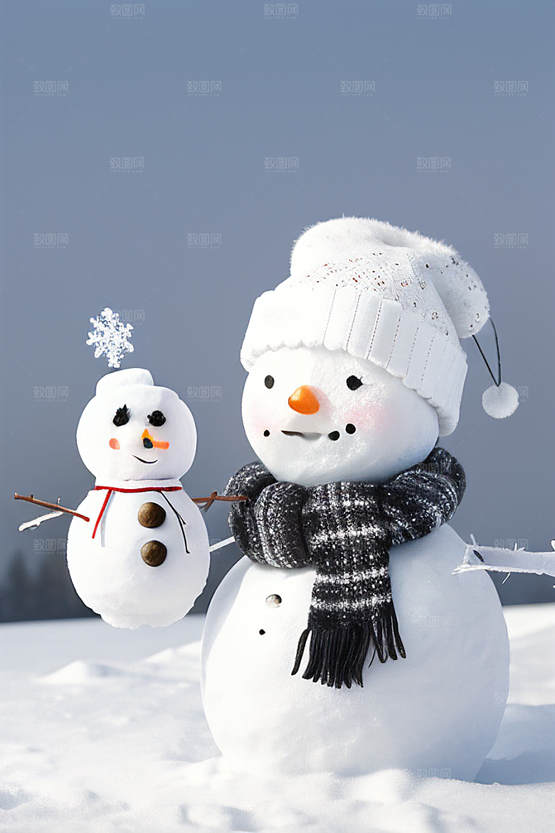 冬季户外运动堆雪人与滑雪橇