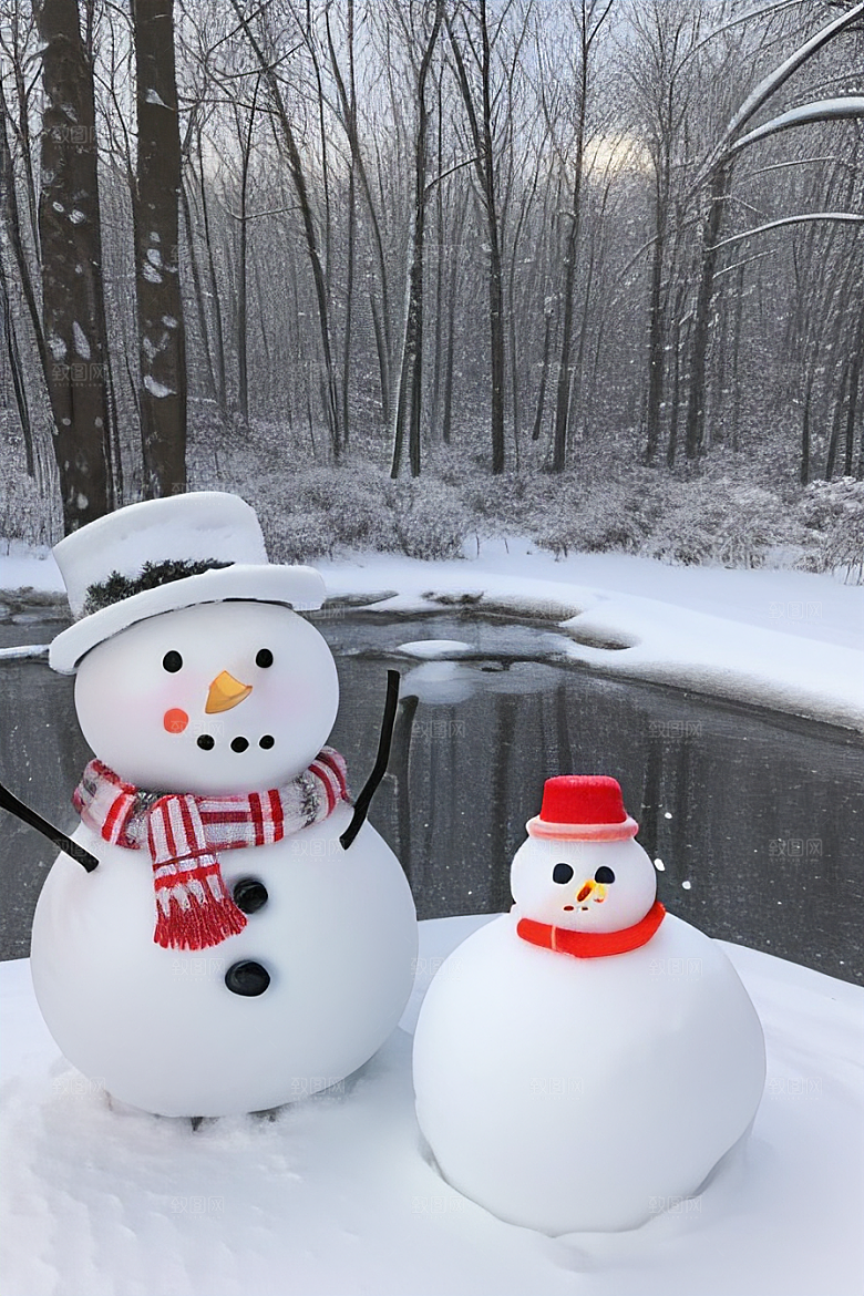 冬季户外运动堆雪人与滑雪橇