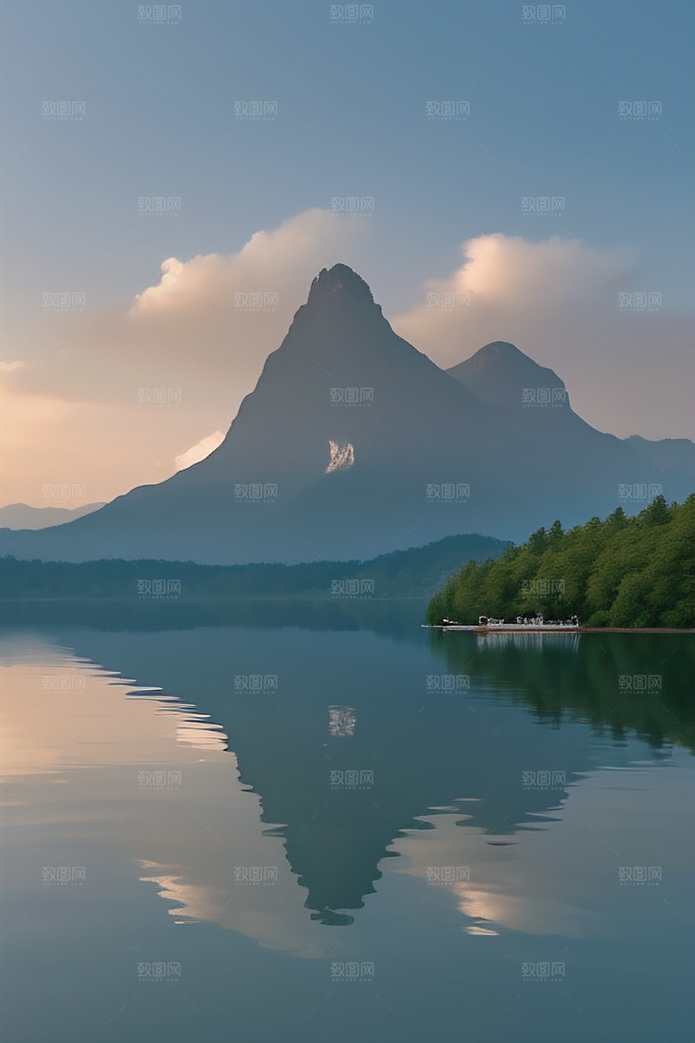 一叶扁舟湖光山色中悠然前行