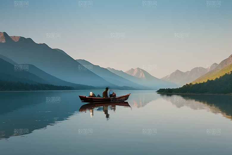 一叶扁舟湖光山色中悠然前行