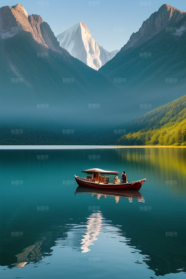 一叶扁舟湖光山色中悠然前行