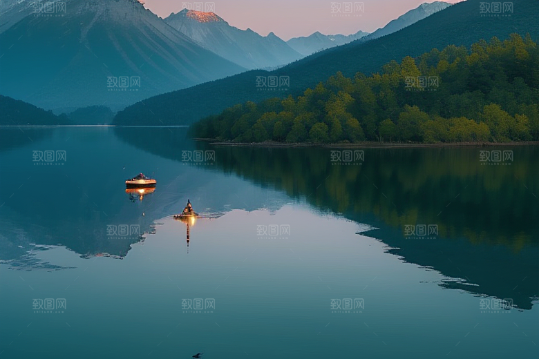 湖光山色相映一叶扁舟悠然前行