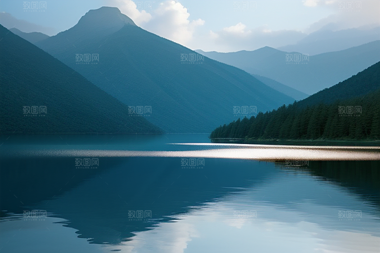 湖光山色相映一叶扁舟悠然前行