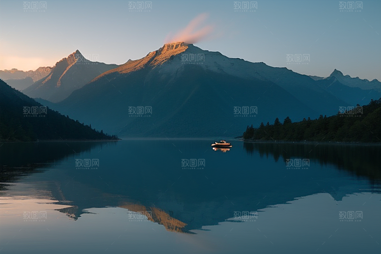 湖光山色间一叶扁舟悠然行