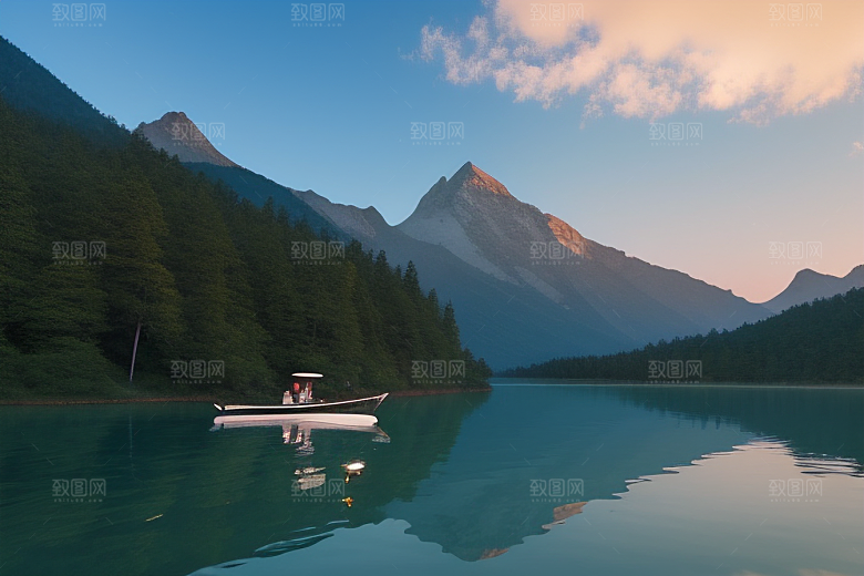 湖光山色间一叶扁舟悠然行
