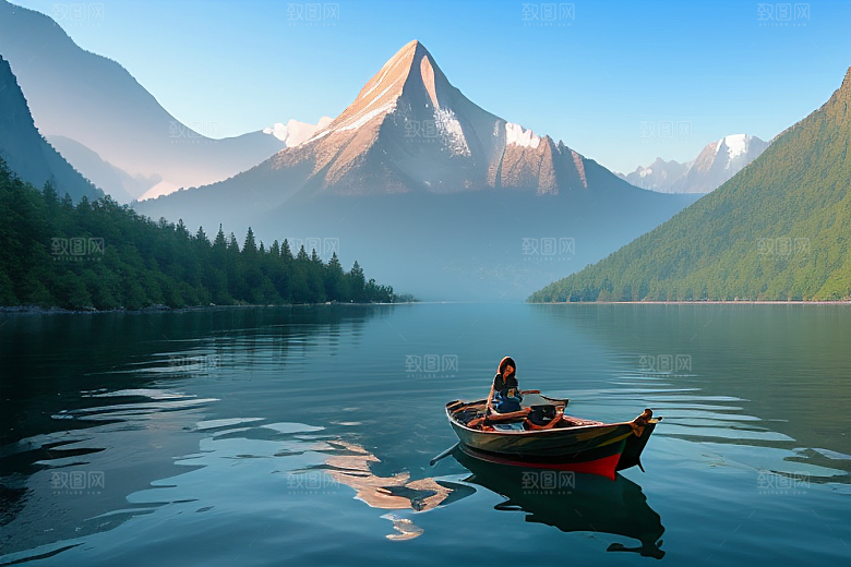 湖光山色间一叶扁舟悠然行