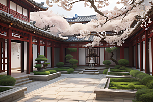 中式庭院中盛开的中华木绣球花