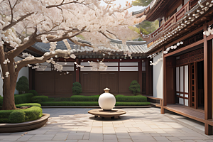 中式庭院中的绚丽中华木绣球