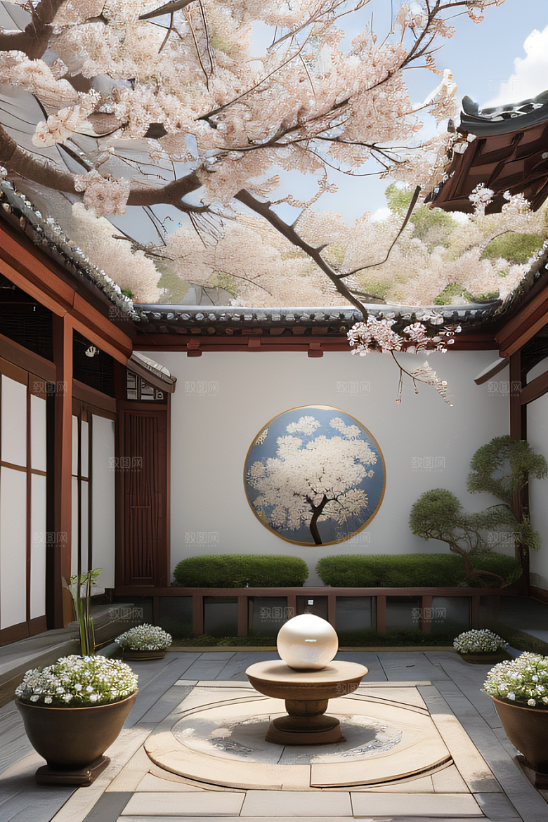 中式庭院中的中华木绣球花园