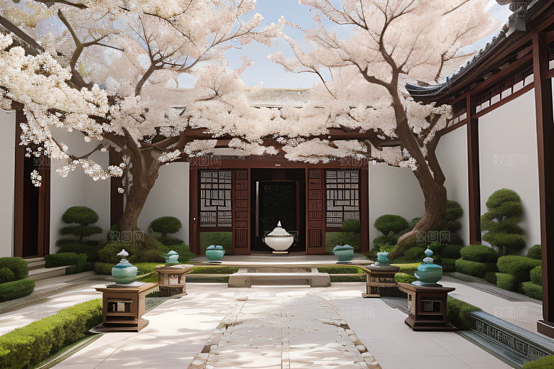 中式庭院的中华木绣球盛景