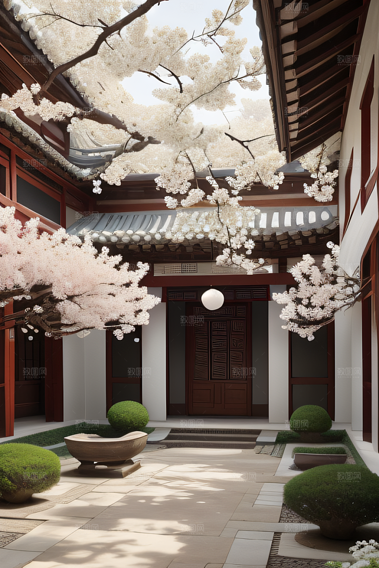 中式庭院的中华木绣球盛景