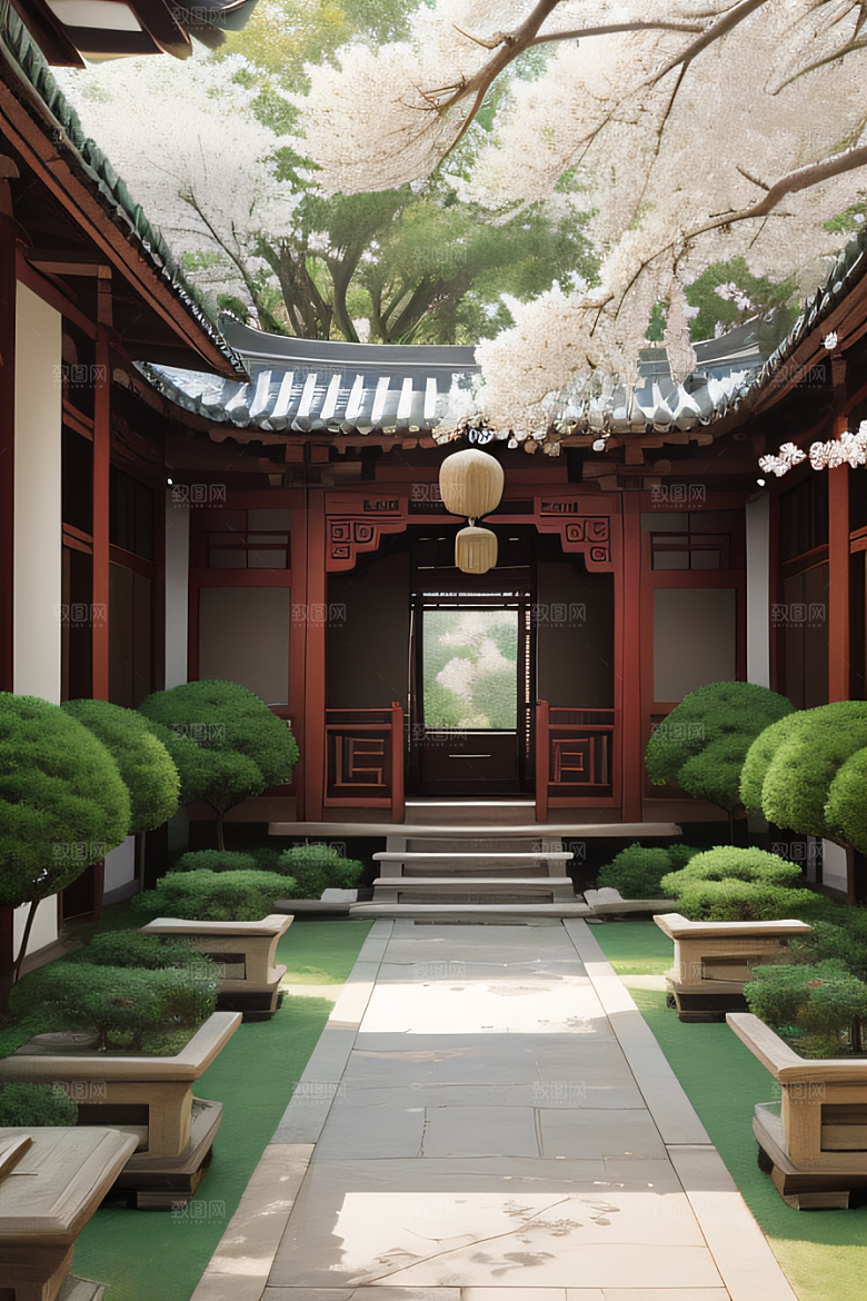 中式庭院中的花海中华木绣球