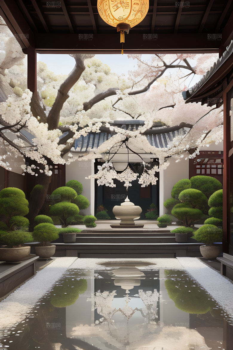 中式庭院花园中的中华木绣球