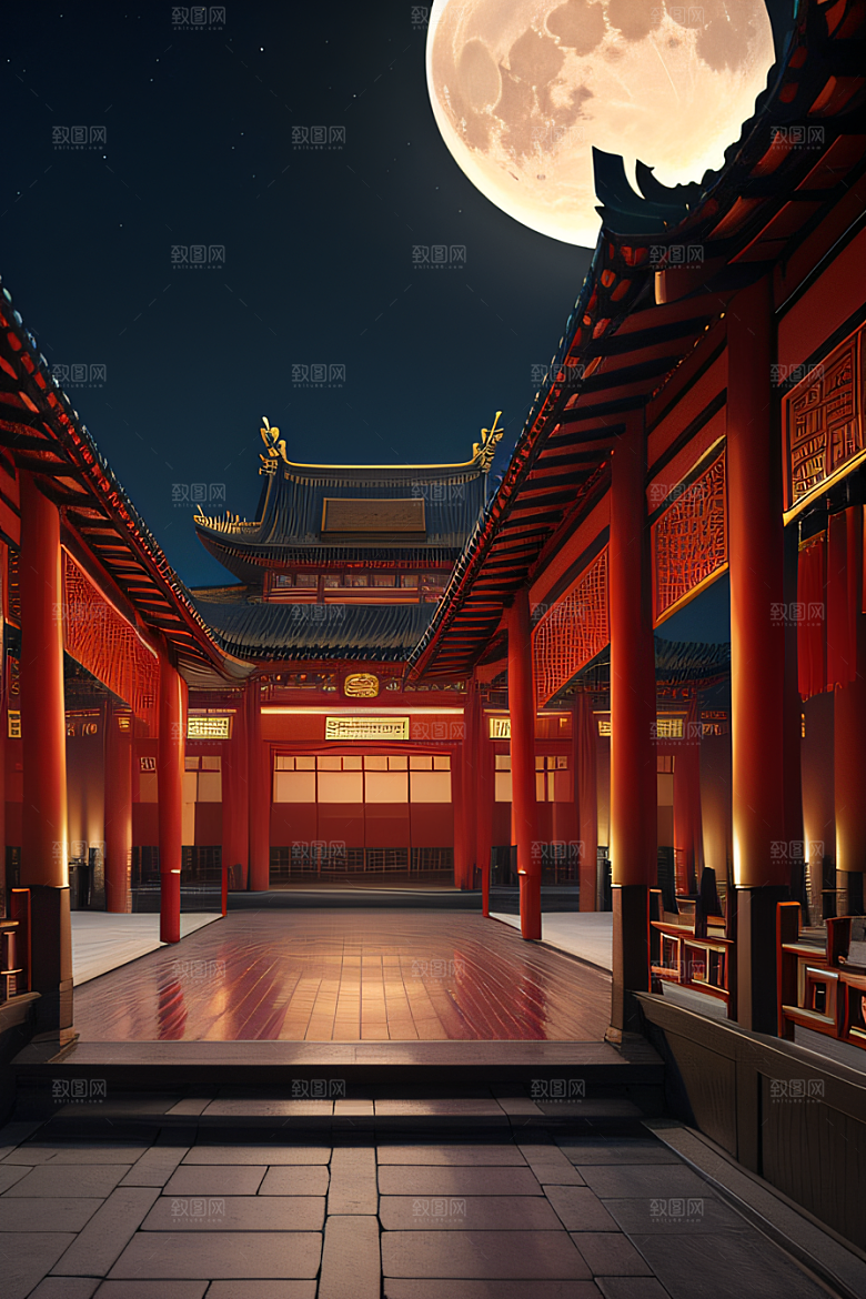 月光洒落宏大中国宫殿妙趣绘画