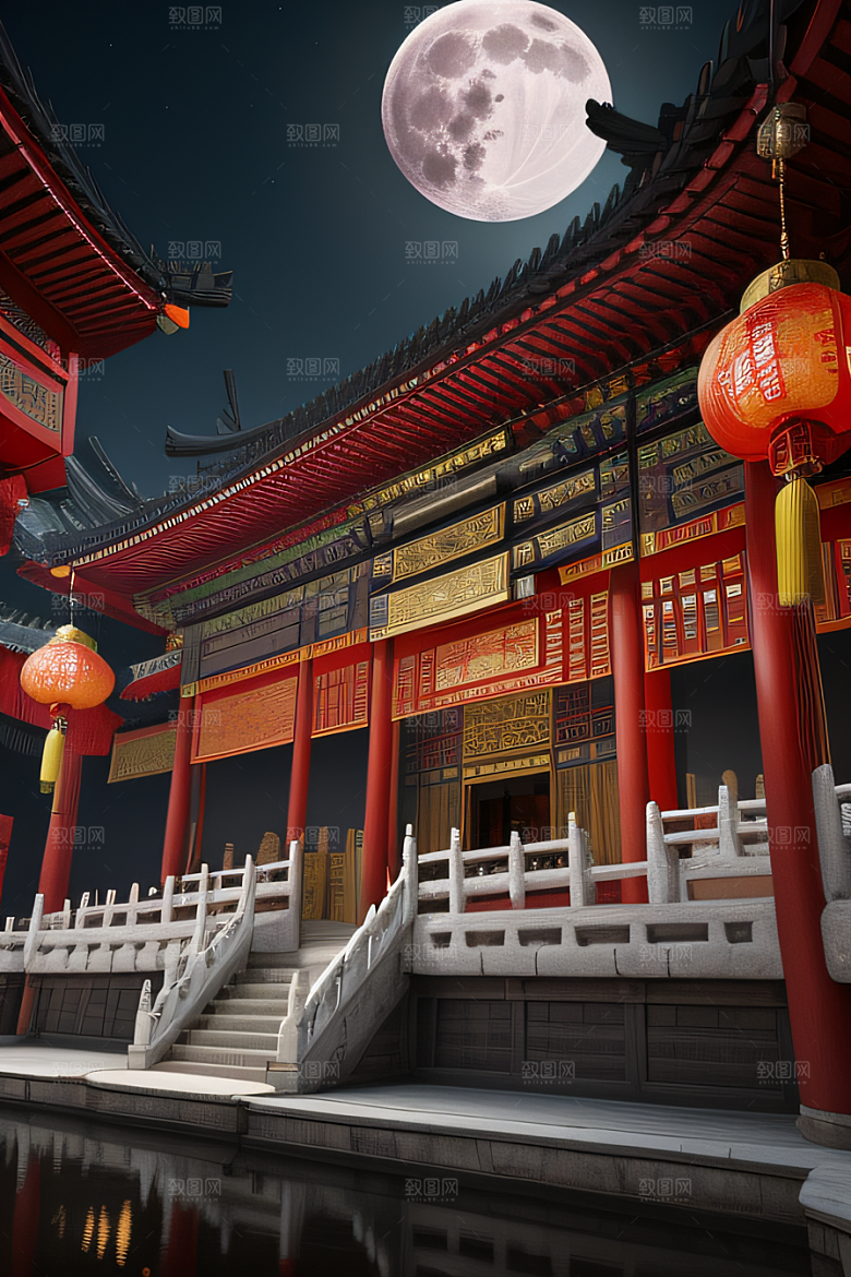 明月当空壮丽中国宫殿诗意画卷