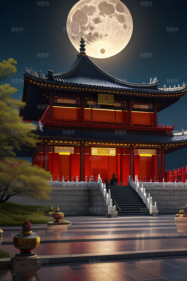 明月当空壮丽中国宫殿诗意画卷