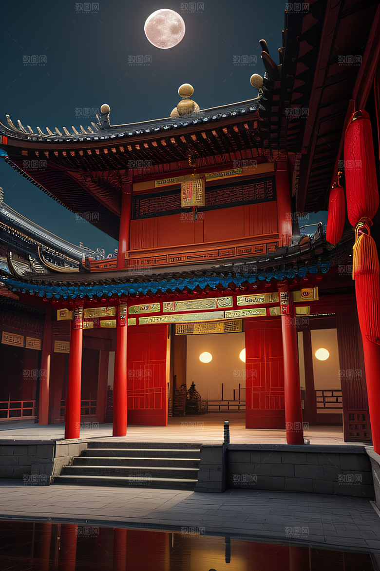 明月当空壮丽中国宫殿诗意画卷