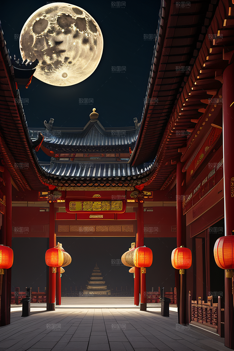 明月当空壮丽中国宫殿诗意画卷