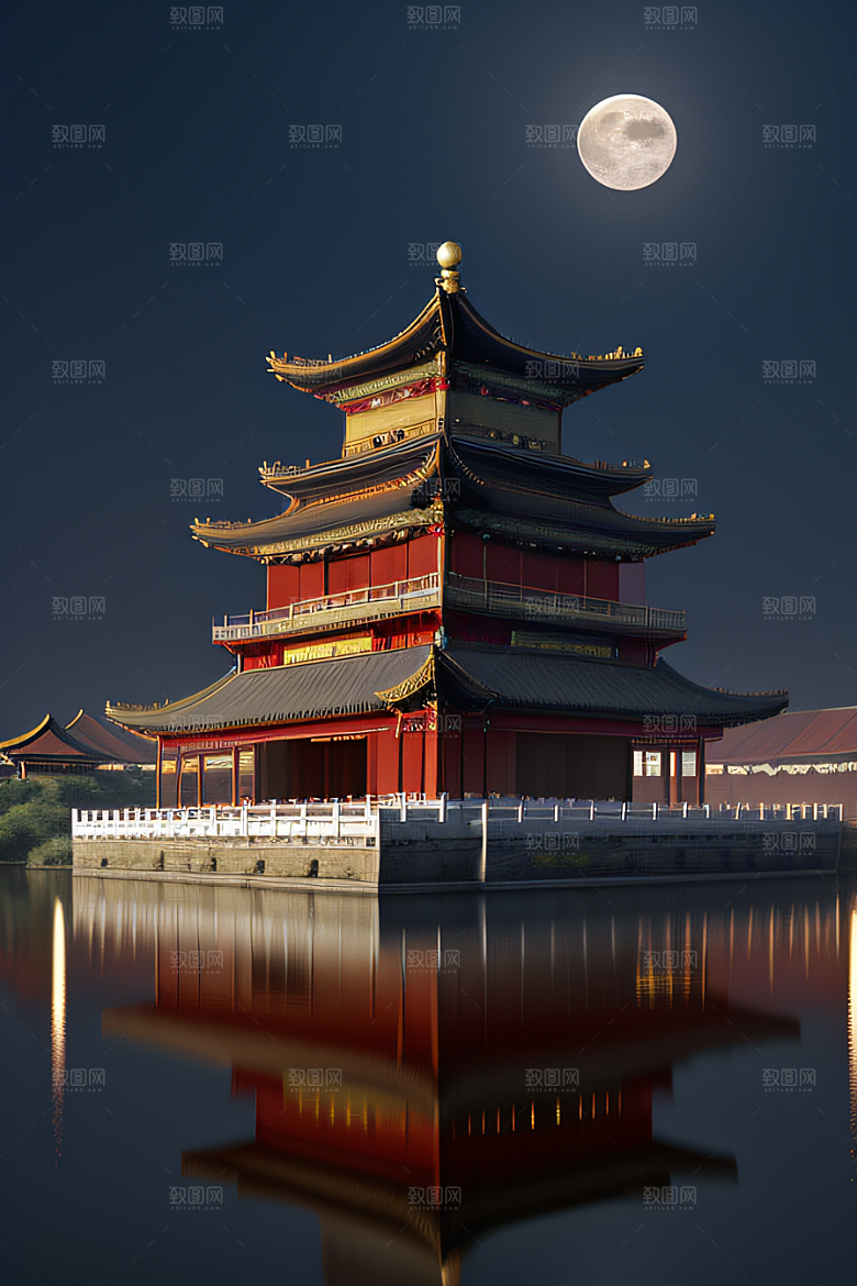 明月当空壮丽中国宫殿诗意画卷