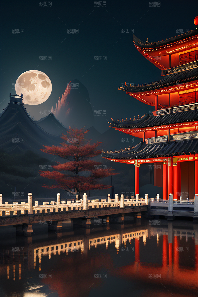 明月当空壮丽中国宫殿诗意画卷