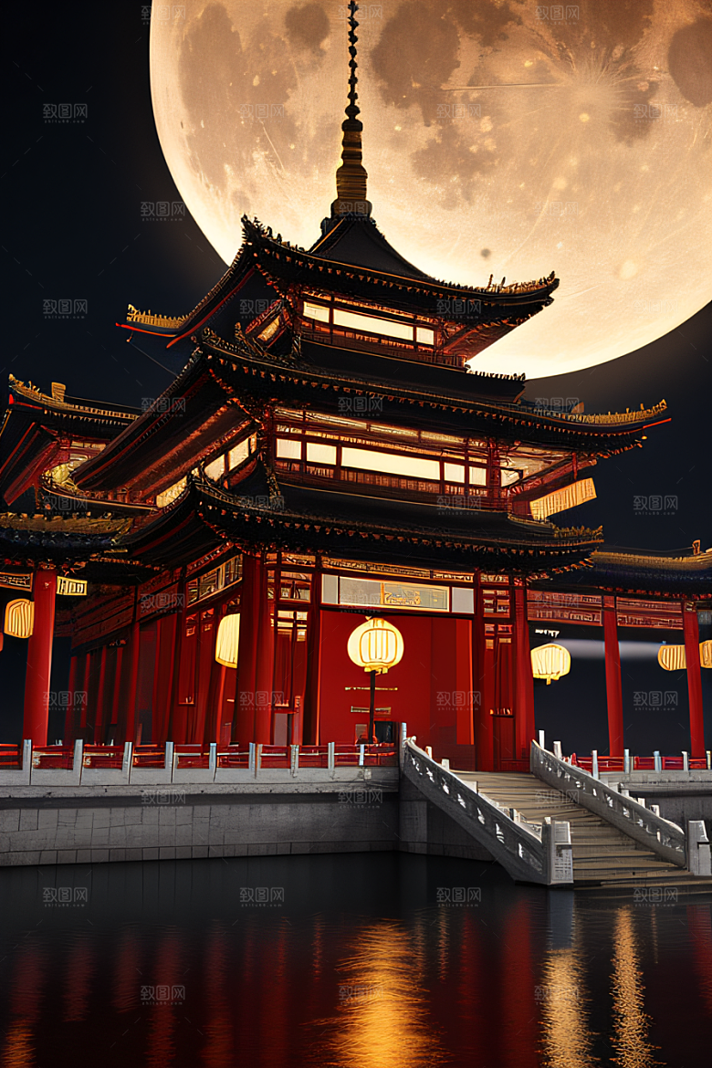 明月当空壮丽中国宫殿诗意画卷