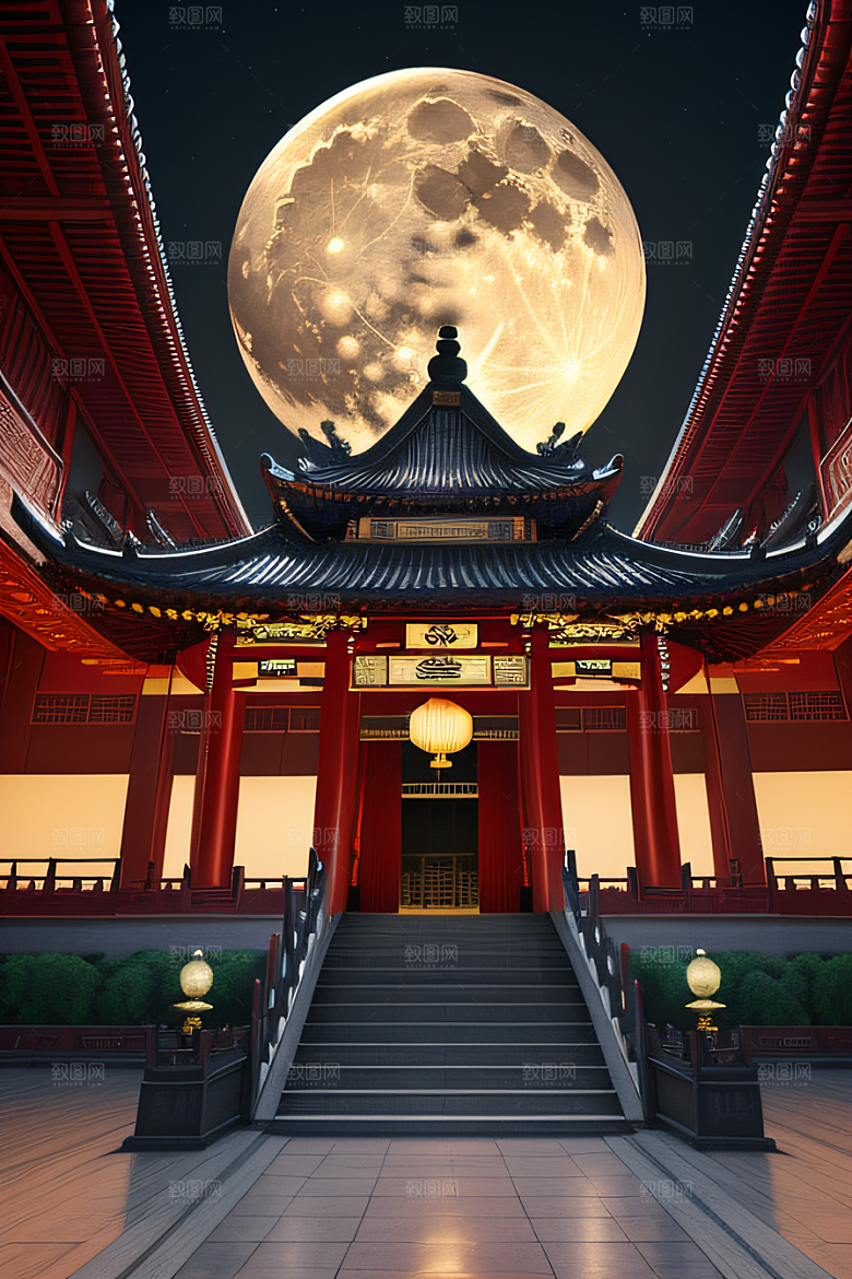 明月当空壮丽中国宫殿诗意画卷