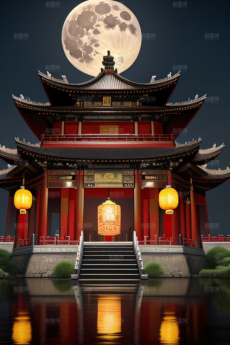 明月当空壮丽中国宫殿诗意画卷