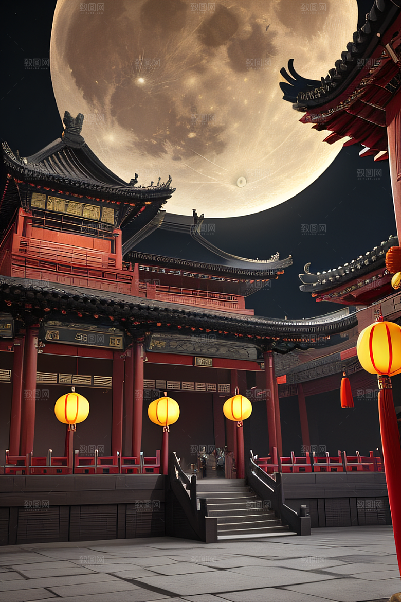 明月当空壮丽中国宫殿诗意画卷
