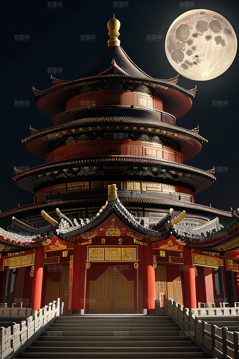 明月当空壮丽中国宫殿诗意画卷