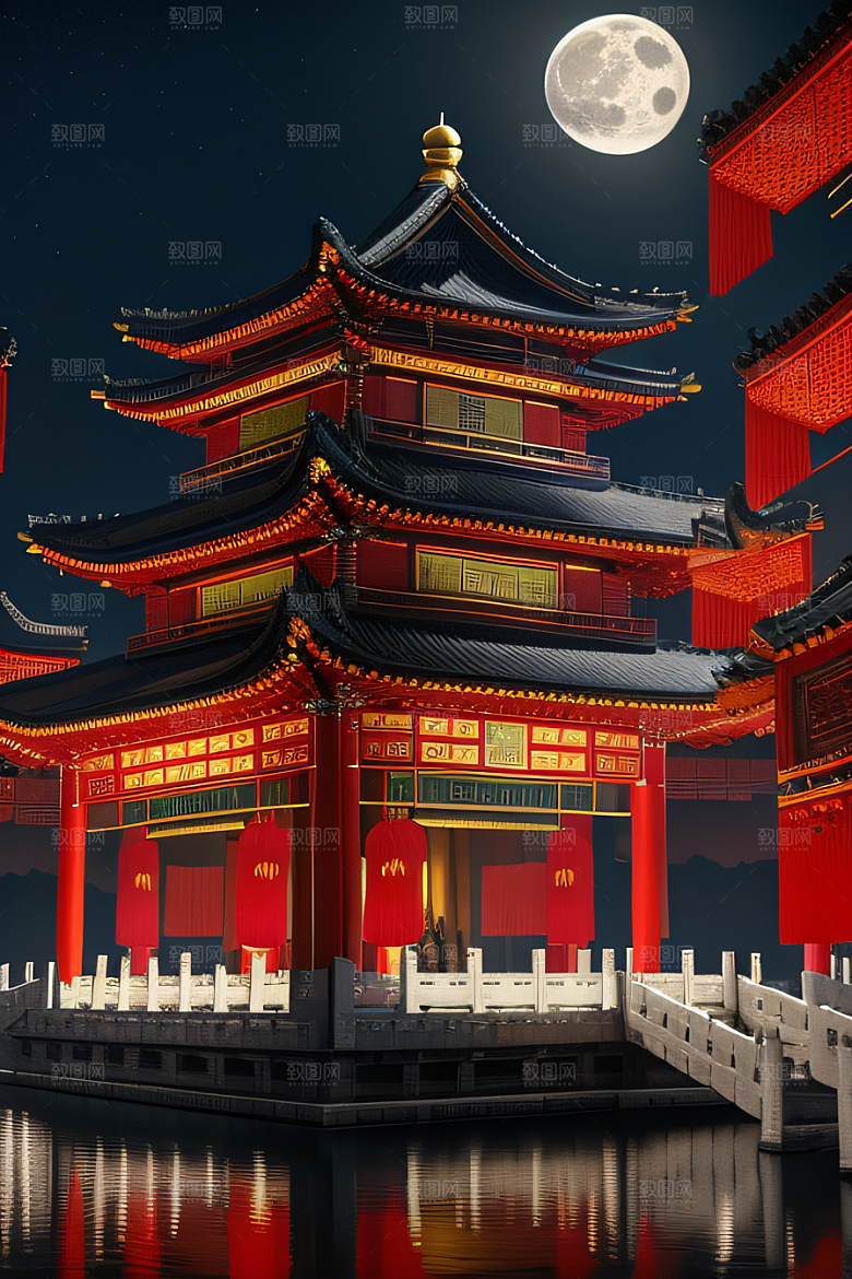 明月当空壮丽中国宫殿诗意画卷