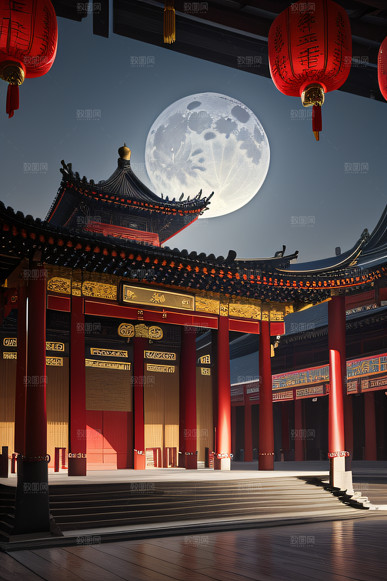 月华倾泻宏伟中国宫殿唯美画面