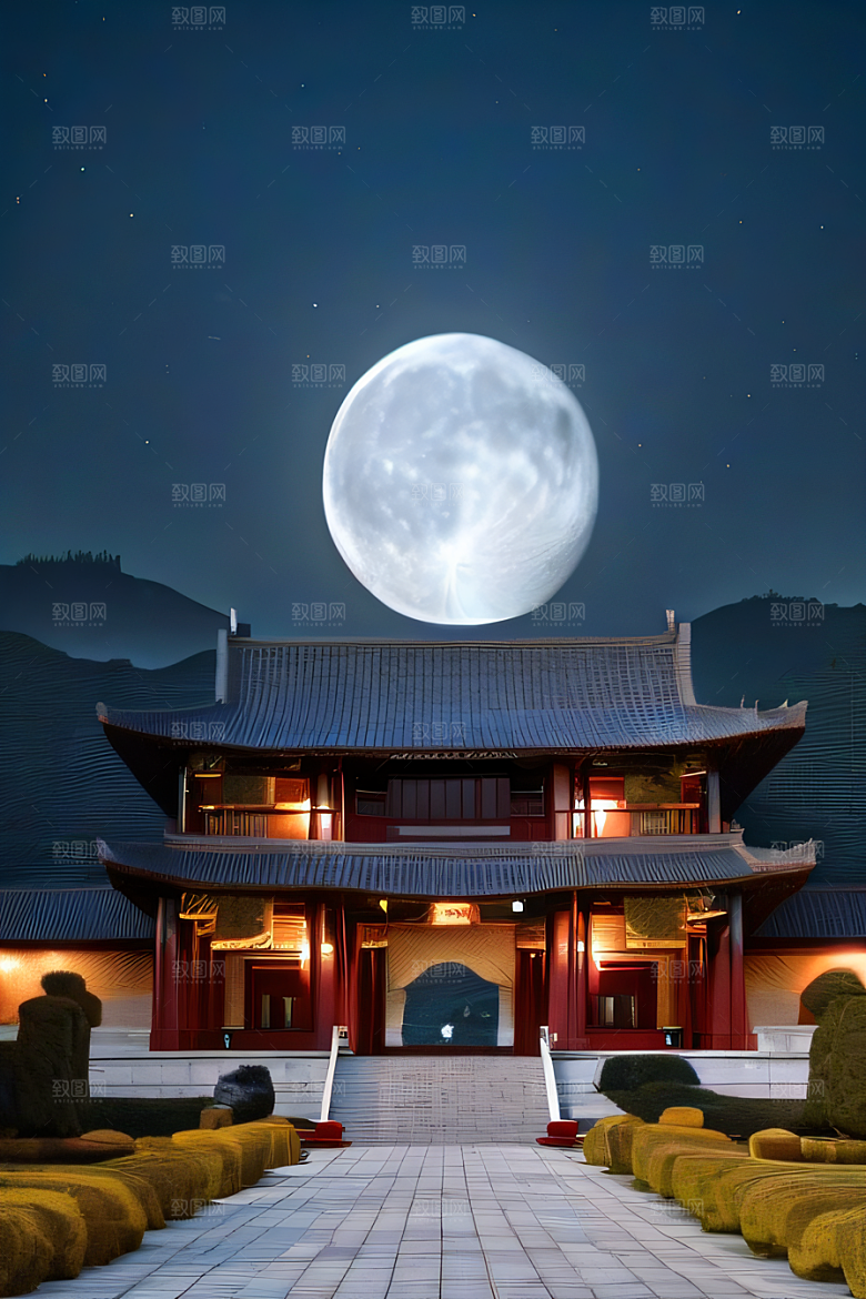 月光洒落宏大中国宫殿妙趣绘画