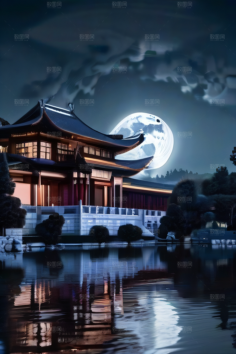 月光洒落宏大中国宫殿妙趣绘画