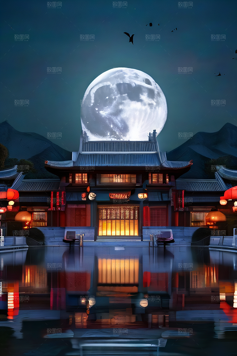 月光洒落宏大中国宫殿妙趣绘画