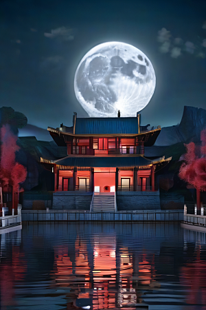 月光洒落宏大中国宫殿妙趣绘画
