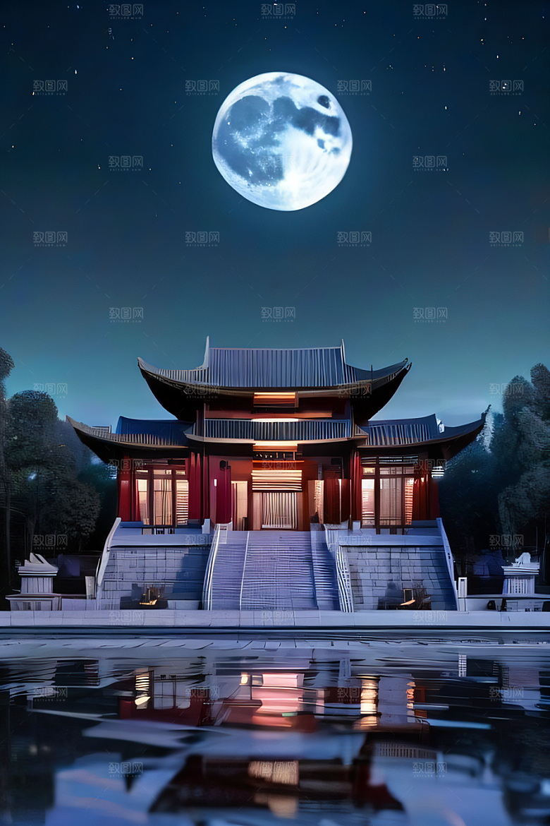 月光洒落宏大中国宫殿妙趣绘画