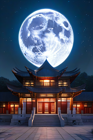 月光洒落宏大中国宫殿妙趣绘画
