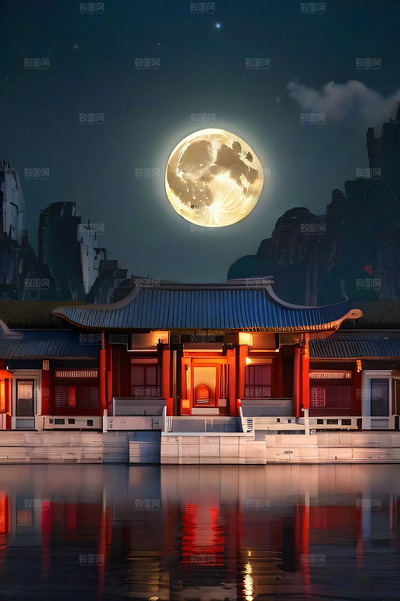 月光洒落宏大中国宫殿妙趣绘画