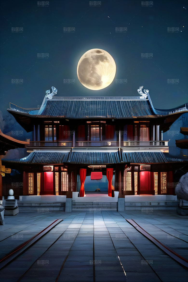 月光洒落宏大中国宫殿妙趣绘画