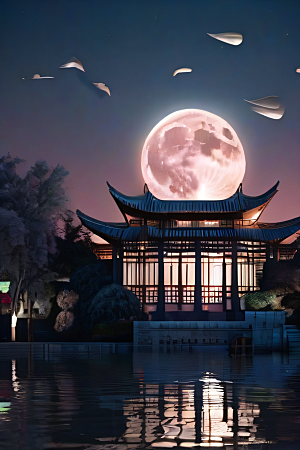明月当空壮丽中国宫殿诗意画卷