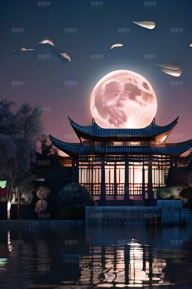 明月当空壮丽中国宫殿诗意画卷