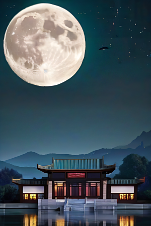 明月当空壮丽中国宫殿诗意画卷