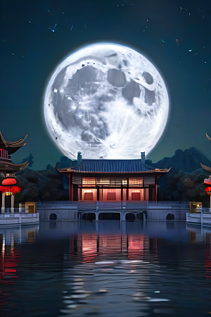 明月当空壮丽中国宫殿诗意画卷