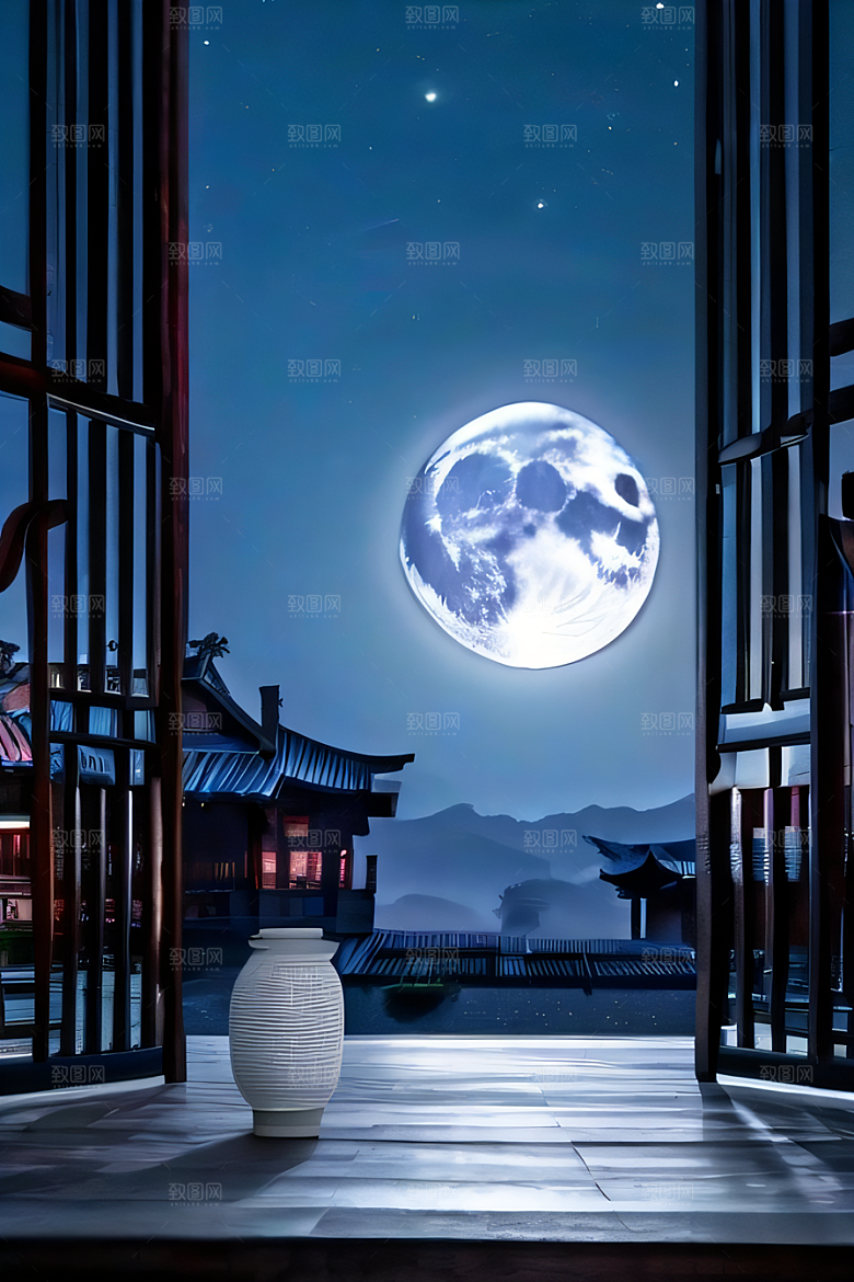 明月当空壮丽中国宫殿诗意画卷