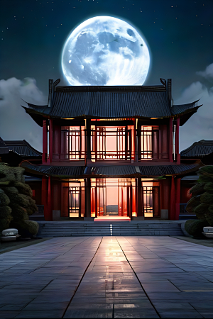 明月当空壮丽中国宫殿诗意画卷